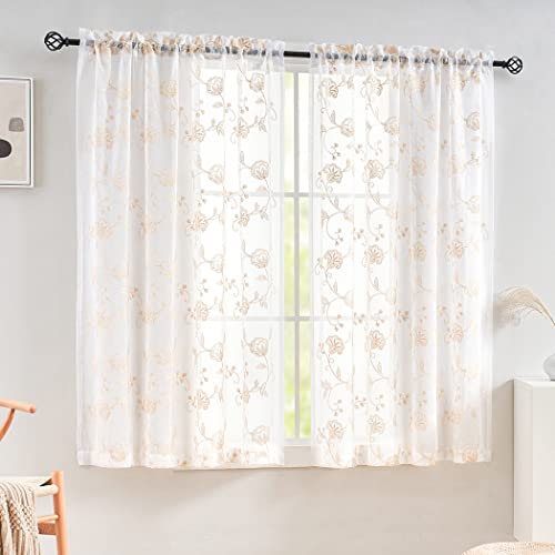 Image of Sheer Curtains Beige 45 Inches Long Floral Embroidery Rod Pocket Voile Drapes for Living room, Bedroom, Window Treatments Semi Lace Outdoor Curtain Panels for Yard, Kitchen, Villa, Set of 2, 52 inchx 45 inch.
