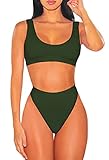 Selowin Ladies 2018 Tank Crop Bra Thong Two Pieces Swimsuits for Women Army Green XL
