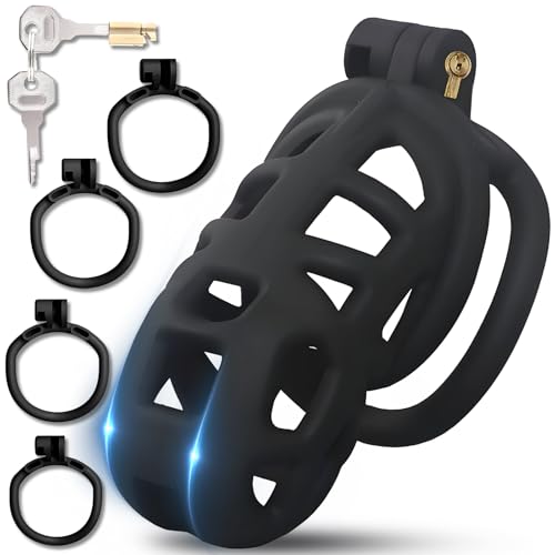 Cage de Chasteté Pénis en Résine avec 4 Anneaux de Taille Différente Sex Toys Chastity Cage avec Serrure Invisible et 2 Clés Cage Chastetée avec Contention du Pnis de l'Homme (M)