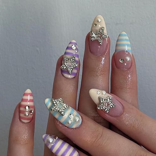 Press on Nails Long Almond Fake Nails French Artificial Nail Stri...