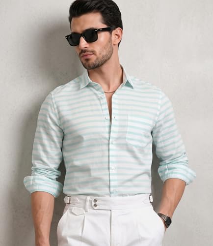 Image of IndoPrimo Men's Striped Casual Shirt | Premium Cotton Formal Shirt for Man | Slim Fit Full Sleeve Strip with Pocket | Office, Business & Smart Casual Wear
