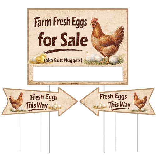 BoGlowHaven 3 Pcs Double Sided Farm Fresh Eggs Sign Fresh Eggs Sign with Stakes Funny Waterproof Corrugated Plastic Mark for Indoor Outdoor Yard Business Supplies Home Decor 14.17 X 10.82 Inch