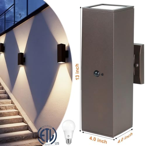 Image of Motion Sensor Outdoor Wall Lights 2-Pack, Dusk to Dawn Exterior Light Fixtures with 3 Lighting Modes, 13'' Up Down Porch Lights with 15W LED Bulbs, Waterproof Wall Sconce for House, Patio, Garage