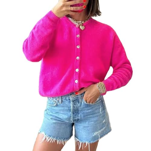 Image of Women Button Down Cardigan Long Sleeve Crewneck Sweater Vintage Lightweight Knit Jacket Fall Going Out Top