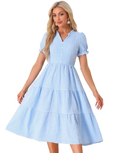Allegra K Damen Gingham Kleid Rüschen V-Ausschnitt Kariert Elegant Knopfdekor Stufen Sommerkleider Blau M