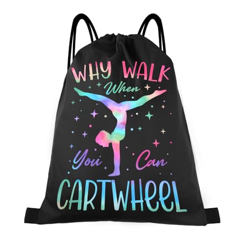 Gymnastics Drawstring Bag for Women Girls Sport Yoga Lovers Graduation Birthday Gifts for Gymnast Granddaughter Daughter Glitter Why Walk When You Can Cartwheel Gym Backpacks