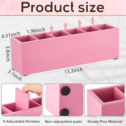 Image of Jetec Wooden Pencil Pen Holder for Desk 6 Compartments Cosmetic Makeup Brush Stationery Office Desktop Organizers for Countertop Adjustable Silverware Caddy for Party, Art Supplies,Home(Pink)