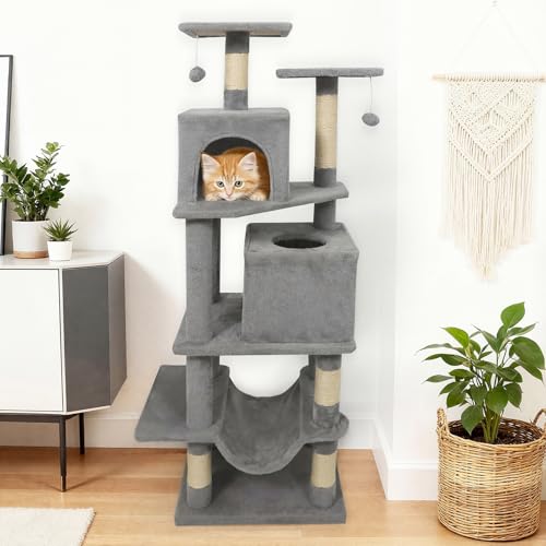 Torre para gatos interior 57 in con postes de sisal y hamaca miniatura 2