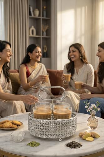 Image of Tea Glass Set with Metal Stand | Set of 4 Cutting Chai Glasses 120ml | Designer Steel Holder Tray for Tea Coffee Serving | Home Kitchen Cafe Use (Silver)