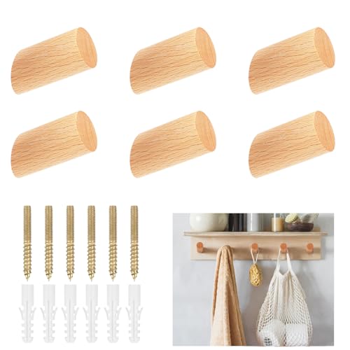 RUNEAY Perchero de madera 6 unidades, ganchos de madera de 6 cm, ganchos de pared, ganchos autoadhesivos, sin agujeros, ganchos para abrigo, gorro, bolso