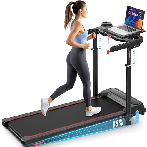 Image of Treadmill with Desk Workstation & Adjustable Height, 450 lbs Weight Capacity, Folding Incline Treadmill with Handle Bar, Portable Ultra-Quiet 3.5HP Walking Pad Treadmill with Desktop for Home Office