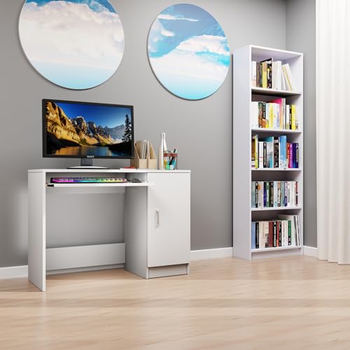 VIKI Engineered Wood Computer Table, Study Table, Desks with Door, Storage, Keyboard Tray for Adults/Students, Office Home | DZUKOU | Frosty White,... - Image 3