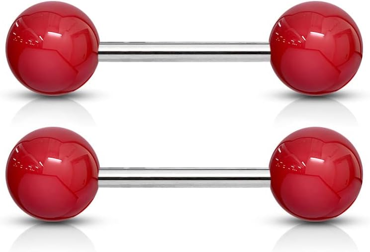 Forbidden Body Jewelry 14 g 16 mm Stainless Steel Nipple or Tongue Ring Barbell Set with Acrylic Balls (Choose Color)