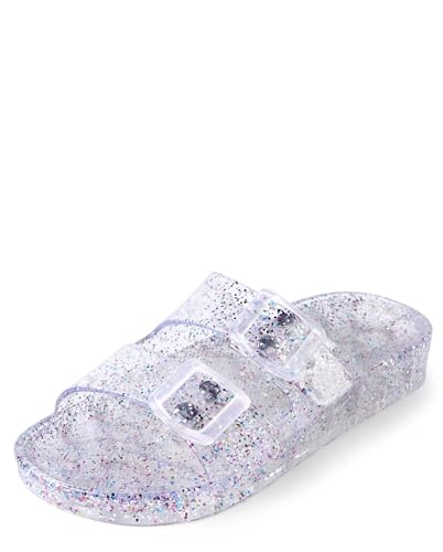 Image of The Children's Place Girls Double Buckle Slip On Slide Sandals, White Paint Splatter