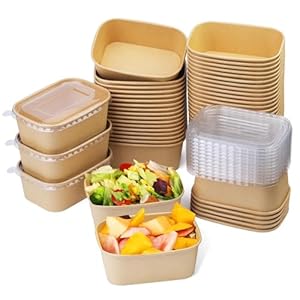 50 ​Pack 29 oz Paper Bowls, Disposable Food Containers with Lids, Rectangular Disposable Bowls with Lids, Disposable Salad Bowls for Diet Salad, Ice Cream, Yogurt, Party Food