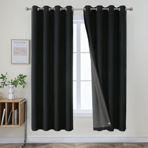 Joydeco Blackout Curtains 72 Inches Long 2 Panels Burg, Room Darkening Curtains for Bedroom, 100% Black Out Textured Thermal Drapes Privacy Protection 2 Panels Set(W52 x L72 Inch, Black) Bla