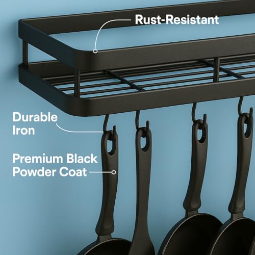 Image of Craft Expertise Wall-Mounted Pan & Pot Rack - Black Iron Kitchen Organizer with 7 S-Hooks | Space-Saving Hanging Rack for Utensils, Pots & Pans (16 inch x 5.25 inch x 2.5 inch)