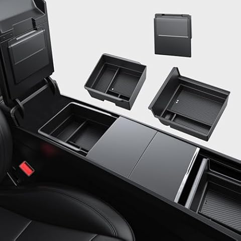 BASENOR Upgraded 3PCS Tesla Model 3 Center Console Organizer [Carbon Fiber Edition] Armrest Hidden Storage Box Custom for Model 3 2024 2025, Tesla Interior Accessories Cover