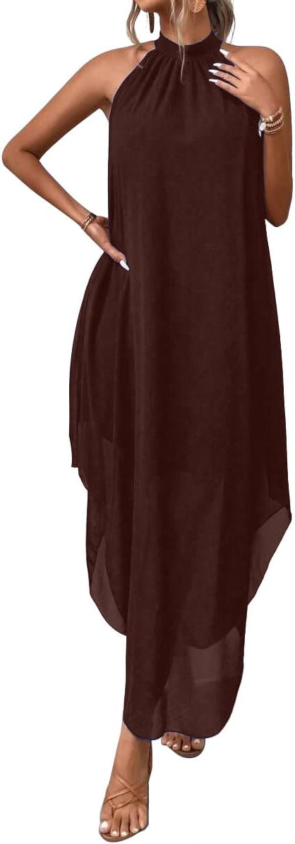 SKAYS Women's Elegant Halter Neck Dress High End Sleeveless Cocktail Party Dress Summer Flowy Wedding Guest Long Dress