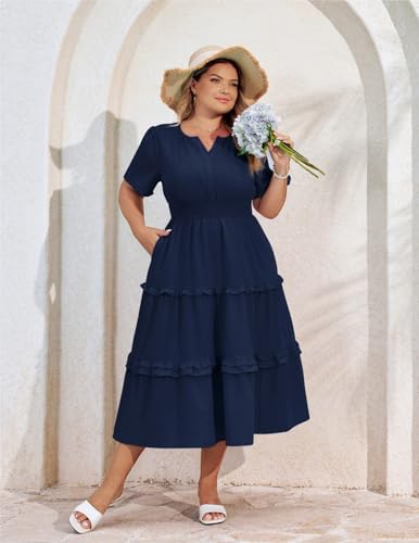 Image of Hanna Nikole Women's Plus Size Summer Casual Dress 2025 V Neck Empire Waist Tiered Flowy Beach Vacation Dress with Pockets