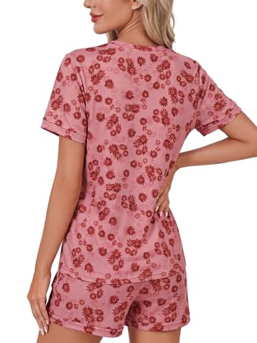Image of LYANER Pajama Set for Women 2 Piece Lounge Set Striped Crew neck Short Sleeve Tops and Shorts Soft Sleepwear