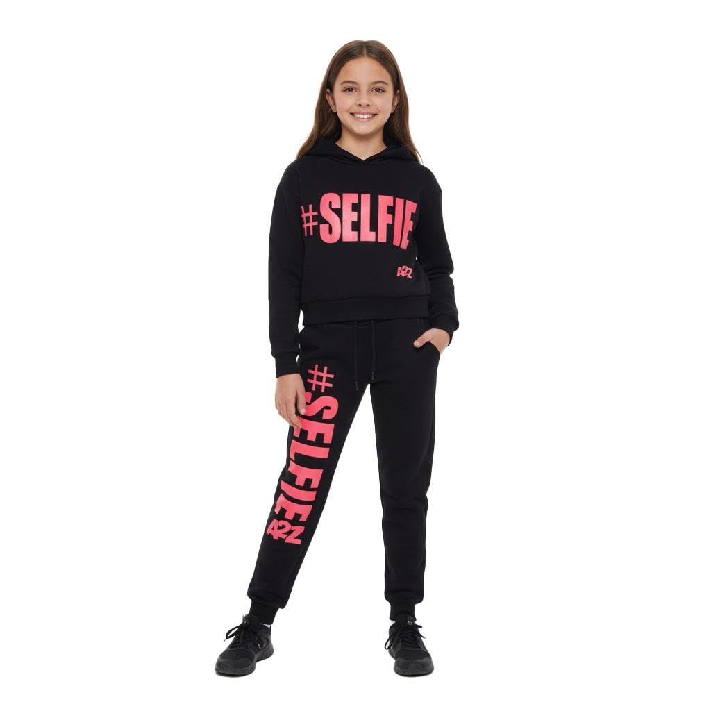 A2z 4 Kids Girls Black & Neon Pink Tracksuit Fleece Hooded Crop Top Bottom Jogging Suit - T.s Crop Selfie-5-6 Years