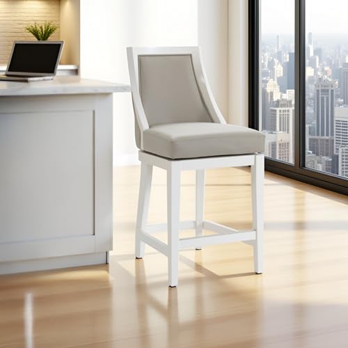 Image of Ellie Counter Height Swivel Stool with Back - 41 inch Tall Upholstered Barstool with Padded Seat, Solid Rubberwood Frame, Steel Memory Return, Metal Kick Plate - Kitchen Island & Home Bar Chair (White)