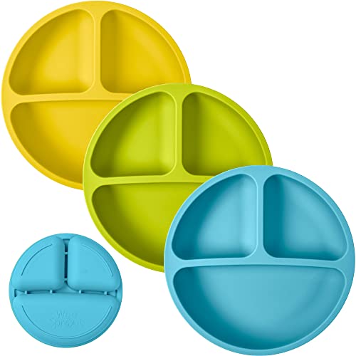 Image of WeeSprout Silicone Plates for Babies & Toddlers (3 Pack) 100% Food-Grade Dishes for Self Feeding, Divided Design & Raised Edges for Picky Eaters, Dishwasher & Microwave Safe Weaning Supplies