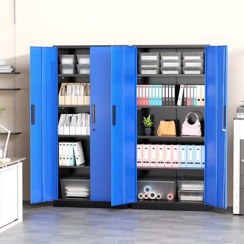 Image of Greenvelly Metal Garage Storage Cabinet with Doors and Shelves, 72 inch Steel Lockable File Cabinet,Office Storage Cabinet Tall Metal Cabinet for Garage Office School Gym Warehouse(Black Blue)