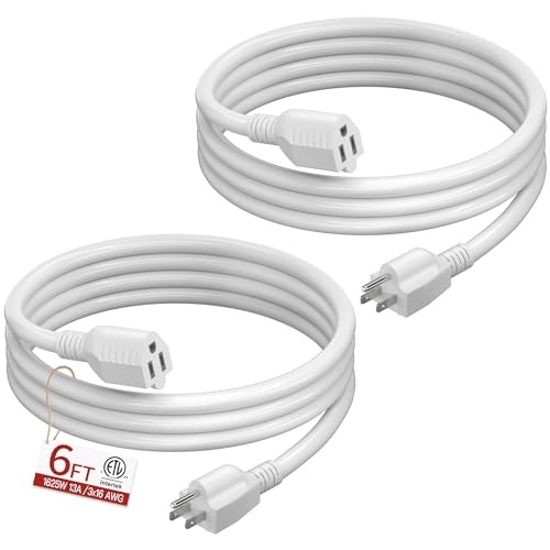 Image of 16 /3 Short Extension Cord 6 FT 2 Pack, White Extension Cord Flexible & Durable, Indoor 3 Prong Power Cable, Suitable for Home and Office, 13 Amp 1625 Watt 125VAC 16AWG, ETL Listed