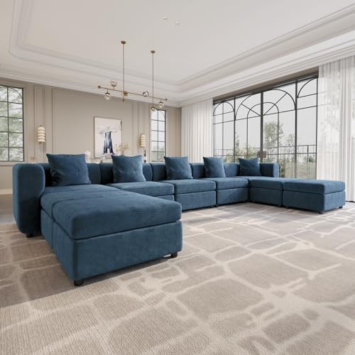 QEZEOMリビングルームソファ、ベージュソファ、おしゃれなリビングルームソファ、9人掛けソファー、収納付き (9 Seat Sofa, Blue)