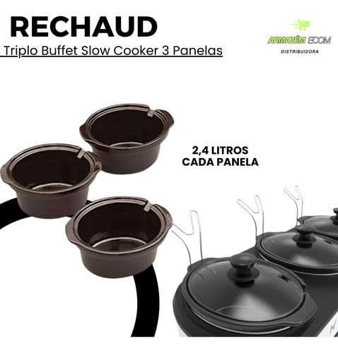 Rechaud Elétrico Triplo Buffet Slow Cooker, 3 Panelas Ovais de Cerâmica 2,4L, 3 Controles de Tempera