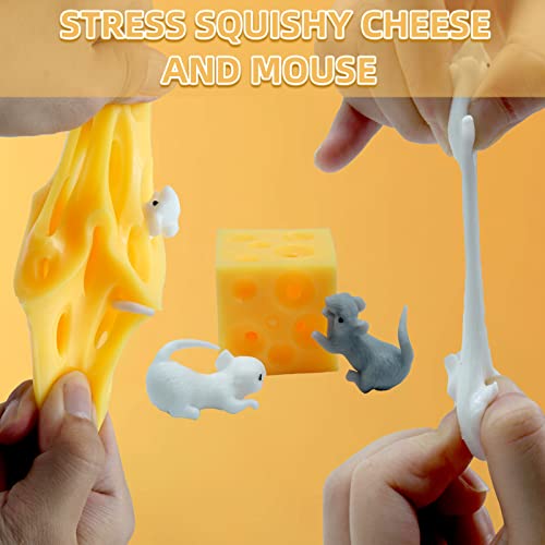 Image of Stretchy Cheese and Mice Toy , 2 Squishable Mouse and Cheese Block Toys, 2 Cute mice and a Cheese Toy，Squeeze Food and Animal Toys,Stress Busting Fidget Toy.
