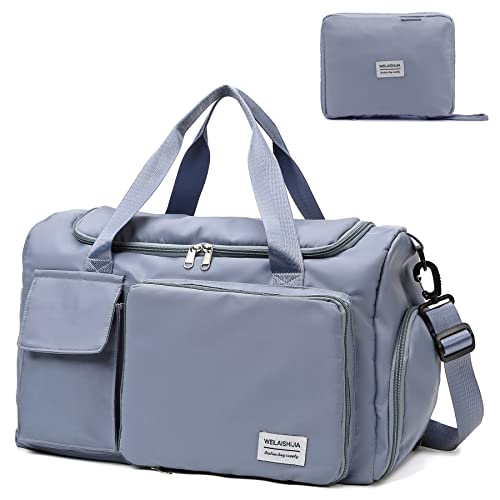 Large Foldable Travel Duffel Bag With Shoes Compartment, Sports Tote Gym Bag With Wet Pocket, Carry On Hospital Bags For Labor And Delivery, Shoulder Weekender Overnight Bag For Women And Men, Blue #TOP29