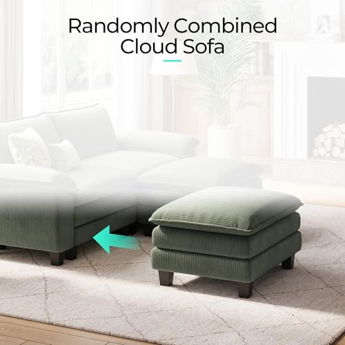 Image of LINSY HOME 90'' Modular Sectional Sofa 2 Seat Couch Corduroy Cloud Couch with Deep Seat, Modern Cloud Couch with 2 Movable Ottoman for Living Room, Office, Bedroom, Green