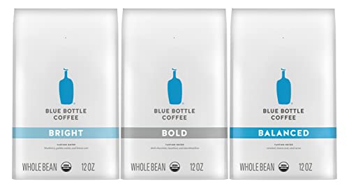 Blue Bottle Coffee Organic Whole Bean Coffee Variety Pack, 1 Bag Bright Blend Coffee, 1 Bag Bold Blend Coffee, 1 Bag Balanced Blend Coffee, 12-Ounce Bags (Pack of 3)