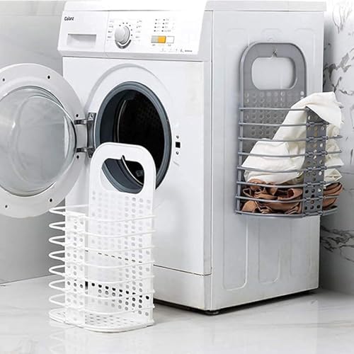 Image of Wall Mounted Bathroom Hanging Mesh Laundry Basket Toiletry Organization Washing Bin Home Portable Magic Sticker Plastic Laundry Hamper Bag for Bathroom Dirty Clothes