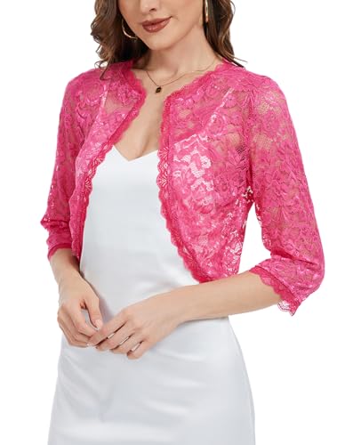 Women's Lace Bolero Shrug Top 3/4 Sleeve Sheer Summer Wedding Floral Elegant Open Front Cardigan for Dresses