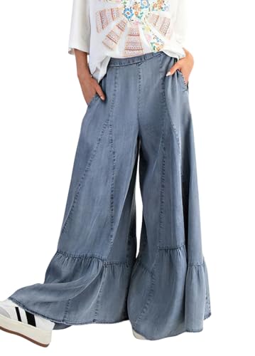 chouyatou Women 2025 Fashion Ruffle Wide Leg Jeans Baggy Elastic Waist Palazzo Jean Trousers Denim Pants