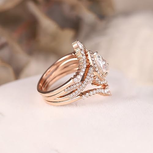 1.0 ct Moissanite Pear Shaped Halo Engagement Rings For Women Vintage 3 pcs Wedding Rings Set Unique Teardrop Twisted Bridal Set 925 Sterling Silver 10K 14K 18K Gold Promise Wedding Ring3