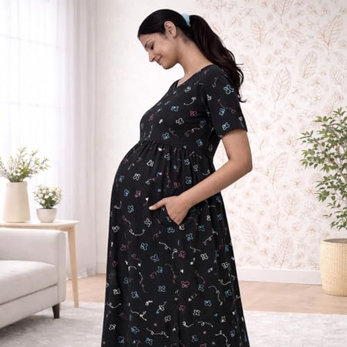 Image of Zero Clothing Feeding Dress for New Moms | Cotton Maternity Nighty | Zipless Feeding Dresses for Women | Pregnancy & Nursing Wear