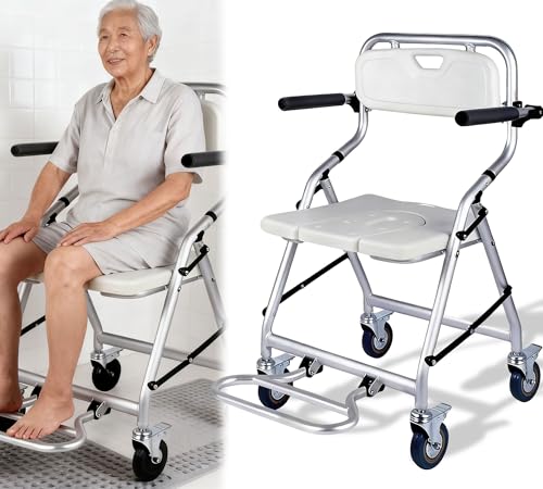 Silla de Ducha con Ruedas, Taburete de Ducha Plegable con Ruedas para Personas Mayores, Blanco Silla de Baño y Ducha Discapacitados con Reposabrazos y Respaldo, Carga 120KG