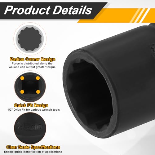 Image of HARFINGTON 2pcs 1 /2 inch Drive x 20mm Shallow Impact Socket 12-Point Metric CR-V Steel Spindle Nut Impact Flip Sleeve for Home Auto Nuts Bolts Repair