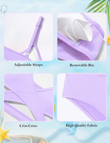 Image of Girls Swimsuit Bikini Set,Criss Cross Bathing Suits for Girl Two Piece Solid Color Girls' Swimwear for 7-16 Years