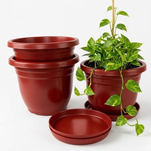 Urban Upvan 14 inch Terracotta Flower Pot with Tray| Round Indoor Outdoor Planter for Balcony, Garden & Home Décor (Set of 3)