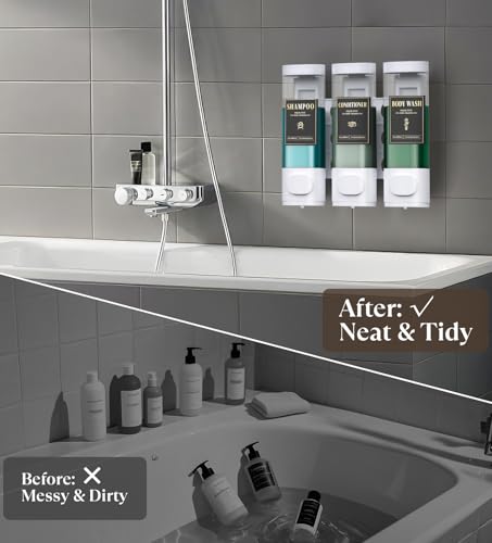 Image of Luxspire Shampoo and Conditioner Dispenser, Shower Soap Dispenser 3-Chamber | Lockable Large Capacity 900ml No-Drill Wall-Mounted Shampoo and Body Wash Dispenser for Bathroom Hotel Kitchen Airbnb
