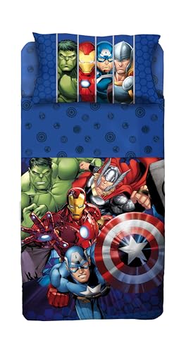 hermet Set Lenzuolo Copriletto Singolo Avengers 100% Cotone, Completo Letto Copriletto, Lenzuolo da Sopra con Ribaltina + Lenzuolo da Sotto con Angoli + Federa
