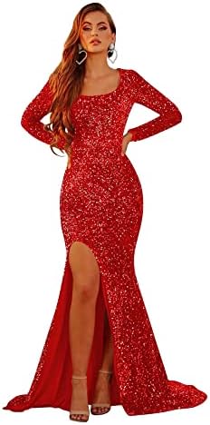 QQcute Red Sequin Prom Dress with Long Sleeves for Women Sparkly Mermaid Bodycon Scoop Neck Formal Evening Party Gowns with Slit(2)