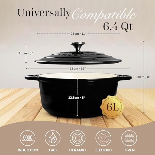 Image of Nuovva Enamelled Cast Iron Dutch Oven Pot with Lid - 6.4 Quart Non Stick Casserole Pot - Heavy Duty & Oven Safe up to 500 F for Bread Baking, Braising, Stews, Roasting - 28cm Black