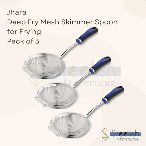 Image of Stainless Steel Jhara for Frying Big Size | Deep Fry Mesh Skimmer Spoon for Frying | Wire Skimmer, Puri Strainer, Cooking Oil Strainer for Kitchen, Durable Long Blue Handle - 16CM, Pack of 3